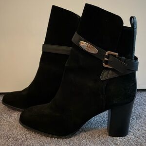 Tory Burch Robynne Black Suede Heel Boots with Gold Buckle